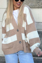 Casual V-neck Long-sleeved Striped Pocket Knitted Cardigan