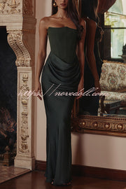 Attend The Gala Strapless Corset Satin Ruched Hip Drape Maxi Dress