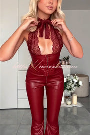 Style Challenge Stretch Faux Leather Lace Halter Tank and Zipper Waist Flare Pants Set