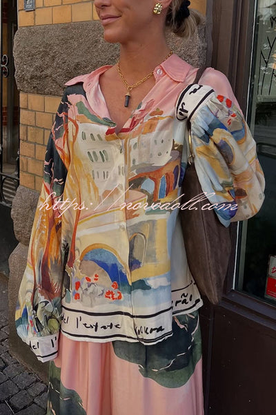 Ellison Unique Print Button Up Long Balloon Sleeve Loose Blouse
