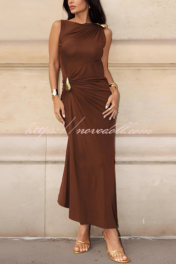 Fashionable Metallic Embellishments Pleated Sleeveless Slim-fit Maxi Dress