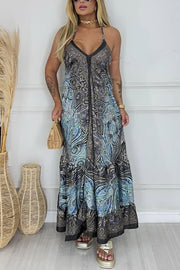 Bohemian Style Unique Print V-neck Suspender Holiday Maxi Dress