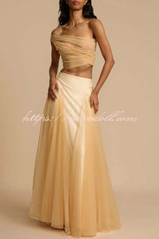 Romance Factor Satin Patchwork Tulle High Rise Elastic Waist A-line Maxi Skirt