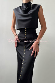 Solid Color Casual Sleeveless Crop Top and Elegant Button-down Maxi Skirt Set