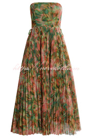 Romantic Factor Pleated Mesh Watercolor Print Bow Detail Strapless Maxi Dress