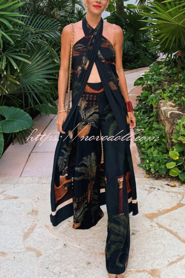 Jungle Elf Unique Print Halter Slit Midi Tank and Elastic Waist Wide Pants Set