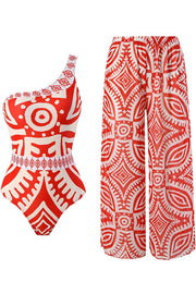 Unique Printed Swimsuit and Elastic Waist Pants Set