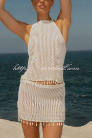 Fashion Knit Hollow Back Top and Embellished Fitted Stretch Beach Mini Skirt Set