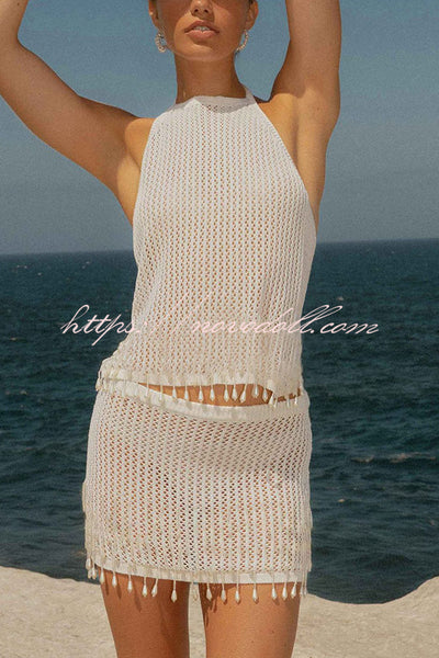 Fashion Knit Hollow Back Top and Embellished Fitted Stretch Beach Mini Skirt Set