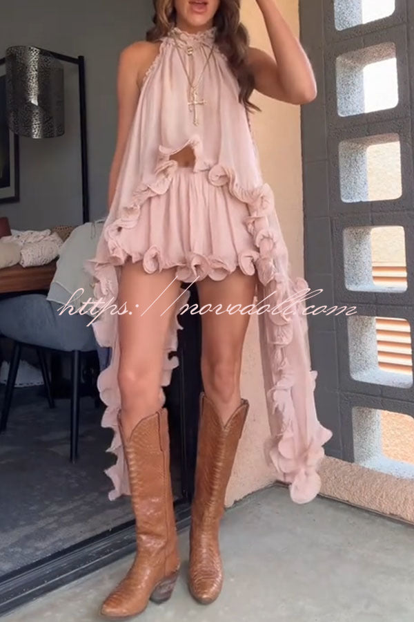 Romantic Drama Chiffon Wavy Ruffles Halter Irregular A-line Top