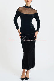 Fashionable Velvet and Mesh Spliced long-sleeved Slim-fit Maxi Dress