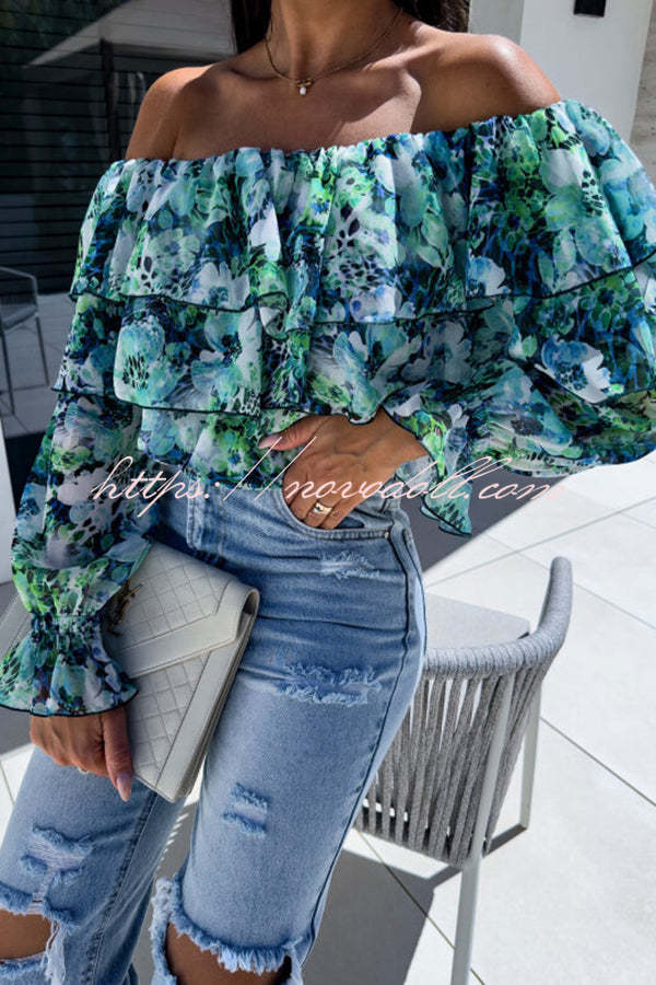 Colorful Botanical Print Sexy Off-shoulder Ruffle Top