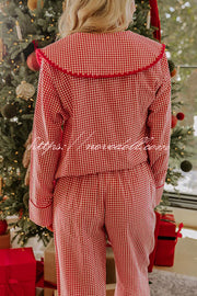 Nutcracker Charm Embroidered Gingham Loose Shirt and Elastic Waist Pajama Set