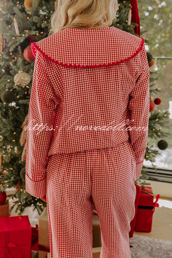 Nutcracker Charm Embroidered Gingham Loose Shirt and Elastic Waist Pajama Set