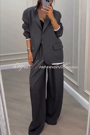Fashion Sports Style Ribbed Colorblock Lapel Blazer and Elastic Waist Pocket Loose Pants Set