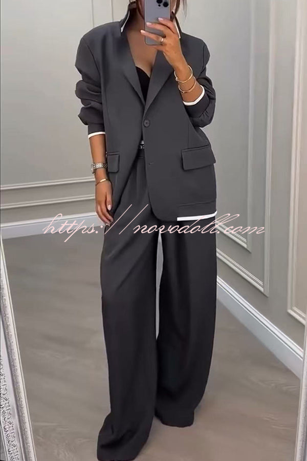 Fashion Sports Style Ribbed Colorblock Lapel Blazer and Elastic Waist Pocket Loose Pants Set