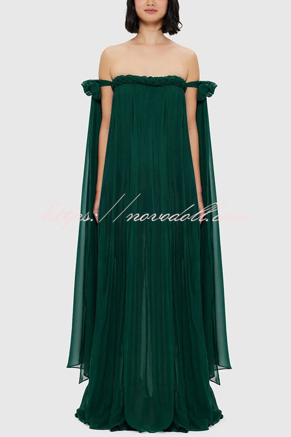 Fairy Spirit Tulle Braided Neckline Tie Arm Straps Pleated Maxi Dress