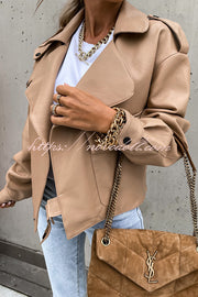 Stylish Leather Lapel Pocket British Style Cropped Jacket