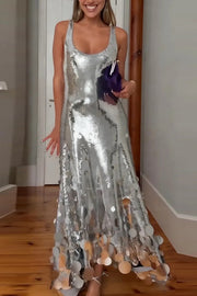 Party Tips Sequin Irregular Round Tassels Hem Back Cutout Tank Maxi Dress