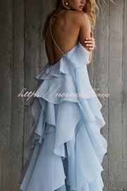 Free - Flowing Rose Detail Tiered Ruffles Halter A-line Maxi Dress