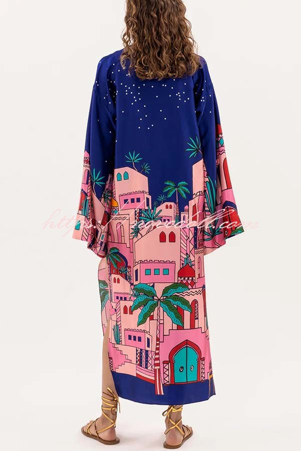 Seaside Stroll Satin Unique Print Button Up Long Sleeve Slit Kaftan Midi Dress