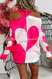 Fashionable Contrasting Heart-shaped Off-shoulder Long-sleeved Loose Sweater