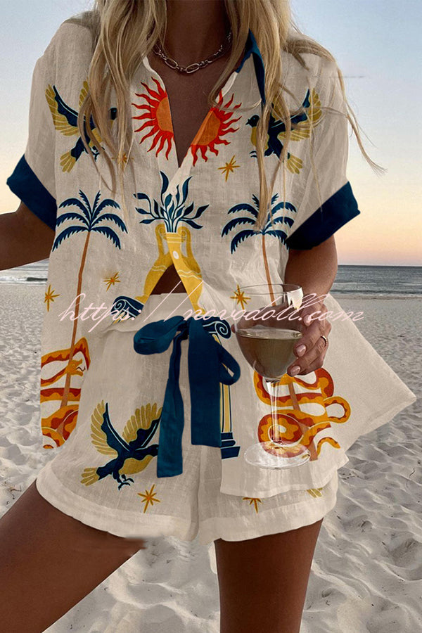 Holiday Print Loose Button Elastic Waist Shorts Set