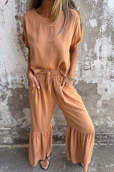 Solid Color Crew Neck Short-sleeved Casual Top and Elastic Waist Tie Pocket Wide Leg Pants Set