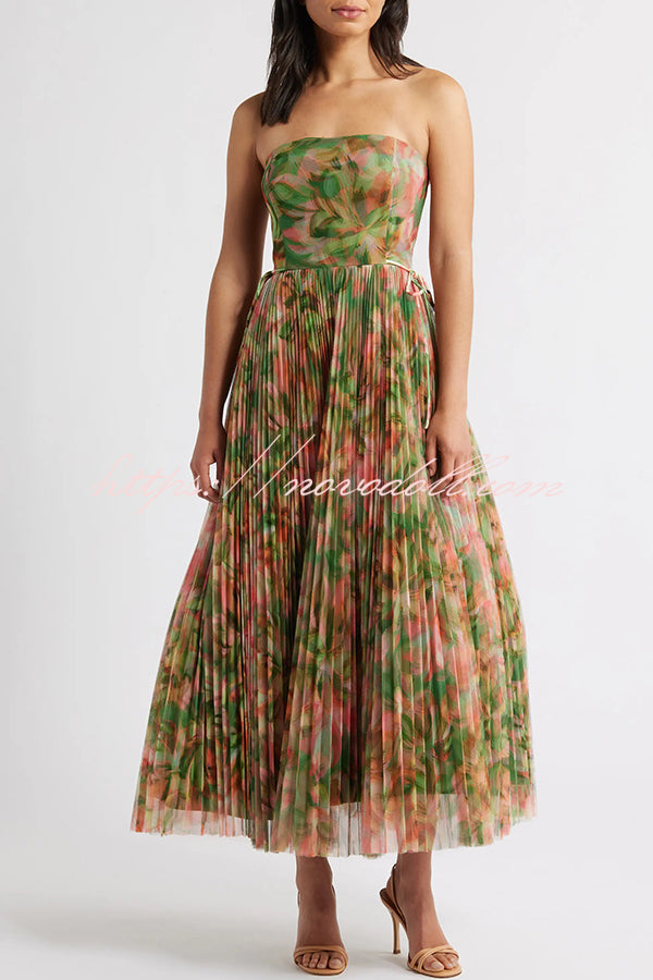 Romantic Factor Pleated Mesh Watercolor Print Bow Detail Strapless Maxi Dress