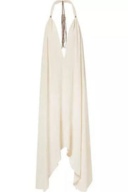 Bali Dreams Linen Blend Leather Tassel Design Halter Backless Beach Maxi Dress