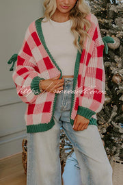 Holiday Cozy Checkered Knit Color-blocked Plaid Bow Long-sleeved Cardigan