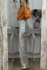 Glitzy Glamour Sequin High Rise Elastic Waist Wide Leg Pants