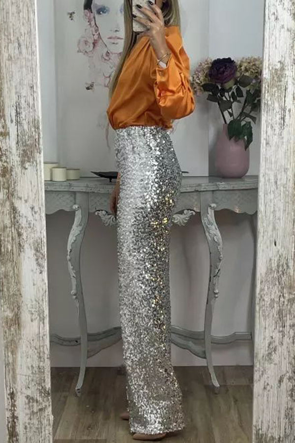 Glitzy Glamour Sequin High Rise Elastic Waist Wide Leg Pants