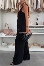 Workplace Chic Sleeveless Button Vest and Relaxed Pocket Wide Leg Pants Set