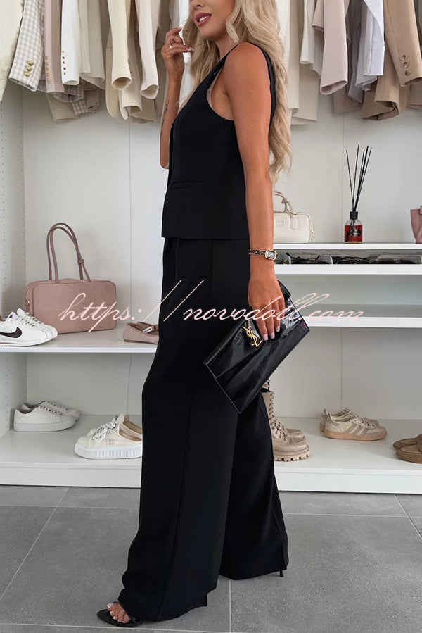 Workplace Chic Sleeveless Button Vest and Relaxed Pocket Wide Leg Pants Set