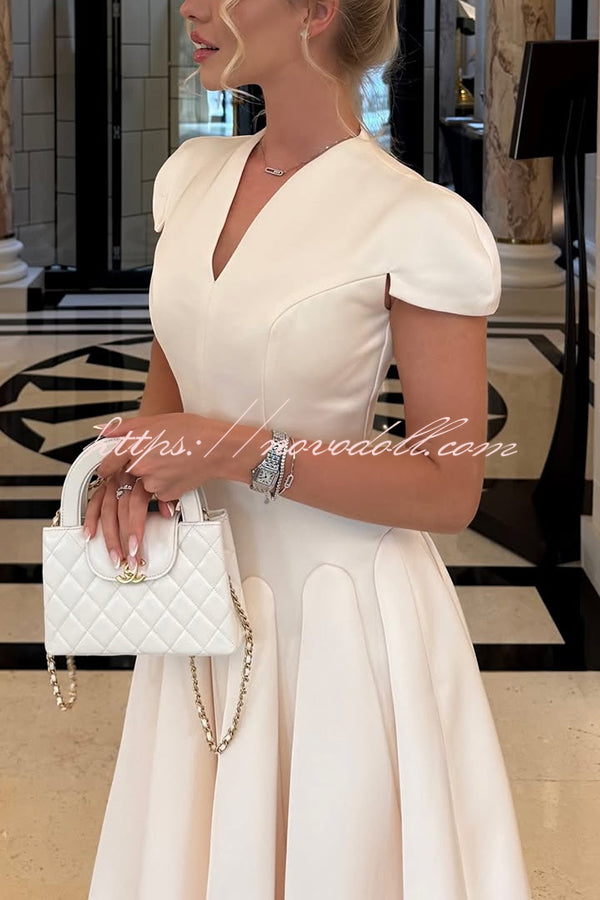 Solid Color V-neck Waist Elegant Full Hem Maxi Dress