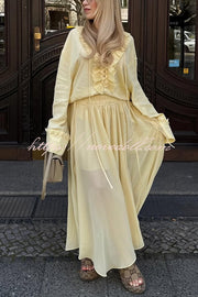 Solid Color Pleated Ruffled Tie Long Sleeve Loose Shirt