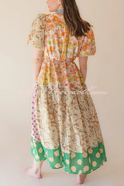 Linen Blend Unique Print Lapel Puff Sleeve Casual Midi Dress