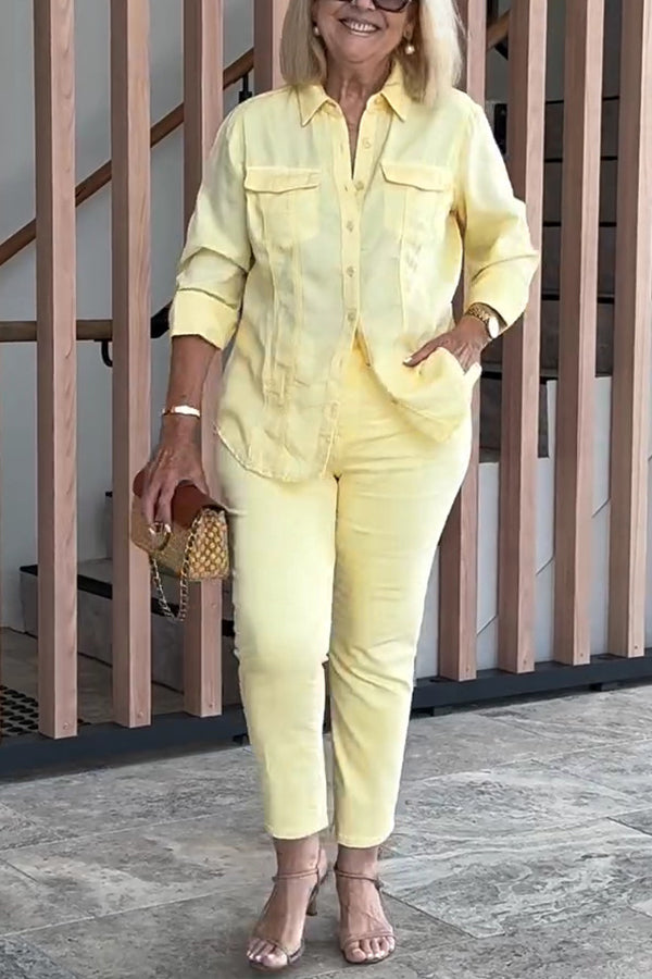 Solid Color Lapel Long-sleeved Loose Top and Casual Pocket Pants Set