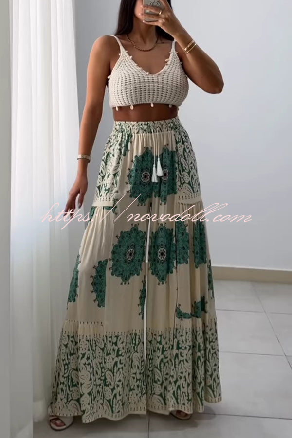 Unique Print Elastic High Waist Tie Pocket Holiday Style Wide Leg Pants