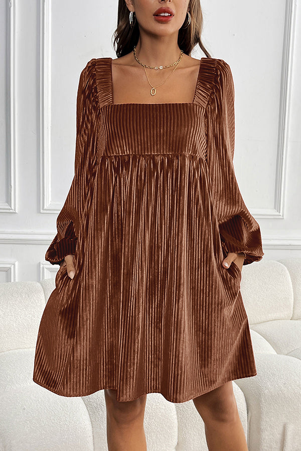Solid Color Velvet Square Neck Long Sleeve Pocket Casual Mini Dress