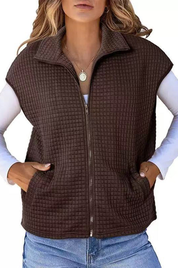 Solid Waffle Sleeveless Zipper Pocket Casual Vest