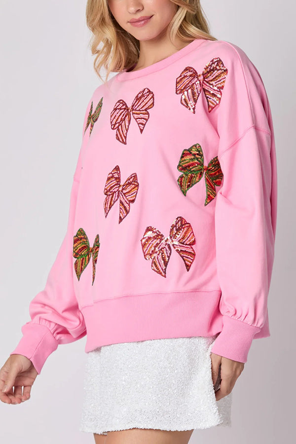 Christmas Bow Sequin Loose Casual Long Sleeve Sweatshirt