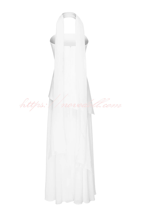 Monaco Off Shoulder Structured Top Chiffon Slit Hem Scarf Maxi Dress