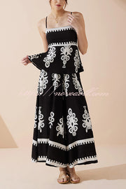 Unique Ethnic Print Suspender Pleated Top and Elastic Waist Loose Wide-leg Pants Set