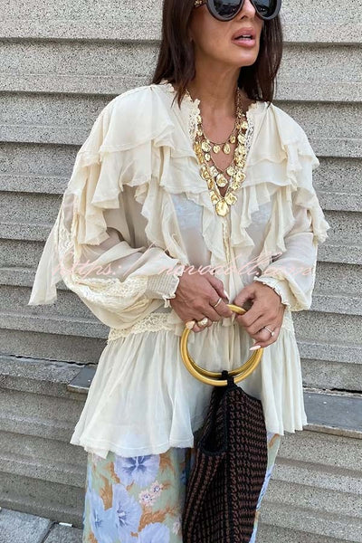 Autumn Boho Chiffon Lace Trim Ruffle Balloon Sleeve Blouse