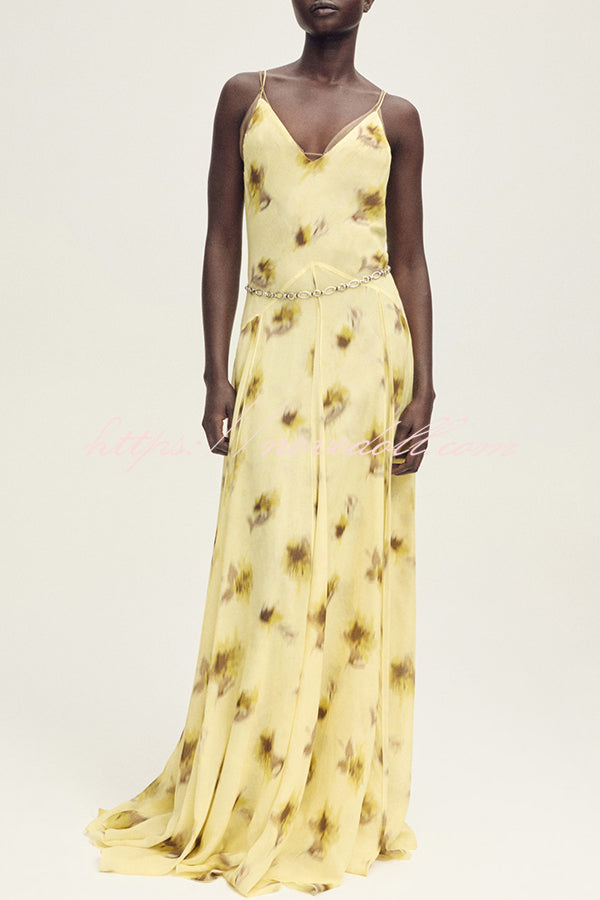Sunset Glow Floral Print V-neck Thin Straps Flare Hem Maxi Dress