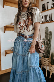 Bohemian High Rise Button Up Loose Denim Pocket Maxi Skirt