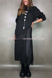 Solid Color Knitted Long-sleeved Casual Slit Midi Dress
