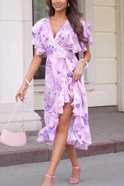 Unique Printed V-neck Ruffled Loose Midi Dress
